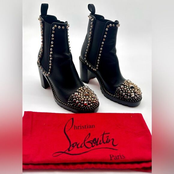 Christian Louboutin Chasse A Clou 70 Black Leather Studded  Ankle Boots EU37 US7 - Picture 1 of 14